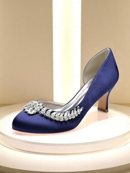 Toe Silver Heels Round Satin Kitten Women's Low - Heel