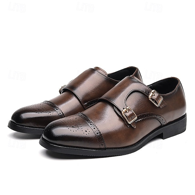 Double with Brown Monk Faux Men's Leather Strap Shoes
