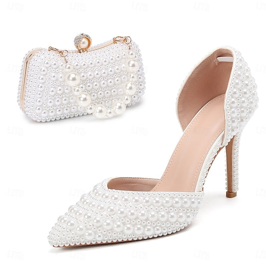 White and Bag Women's Heels Stiletto Clutch – Pearl Set