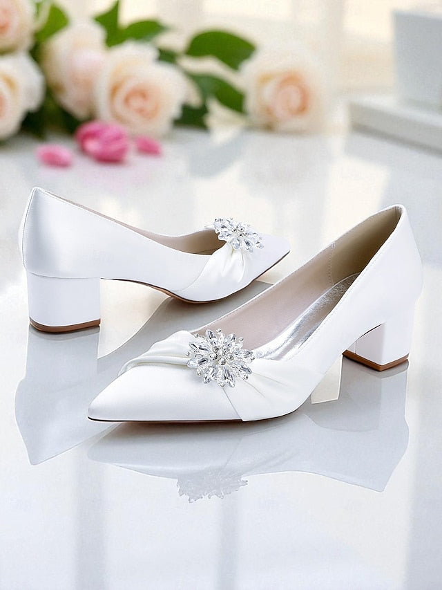 White Low Block Crystal Heel with Pumps Women's