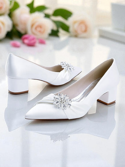 White Low Block Crystal Heel with Pumps Women's