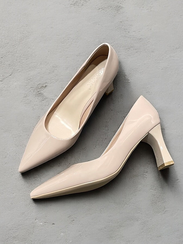 Leather Block Heel Glossy Pointed-Toe Pumps Green Patent Faux