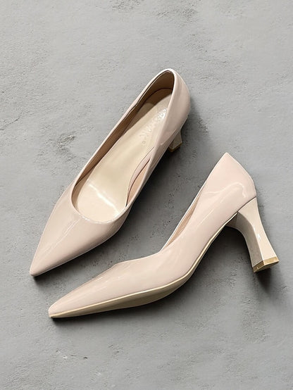 Leather Block Heel Glossy Pointed-Toe Pumps Green Patent Faux