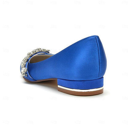 and Crystal with Satin Shoes White Toe Pointed Flat Wedding