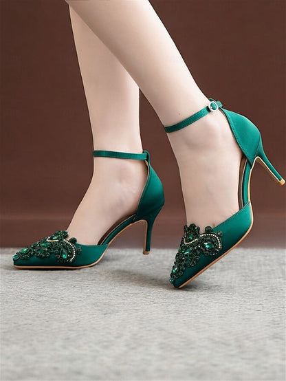 Pointed Satin Green Women's Emerald Ankle – Heels Strap