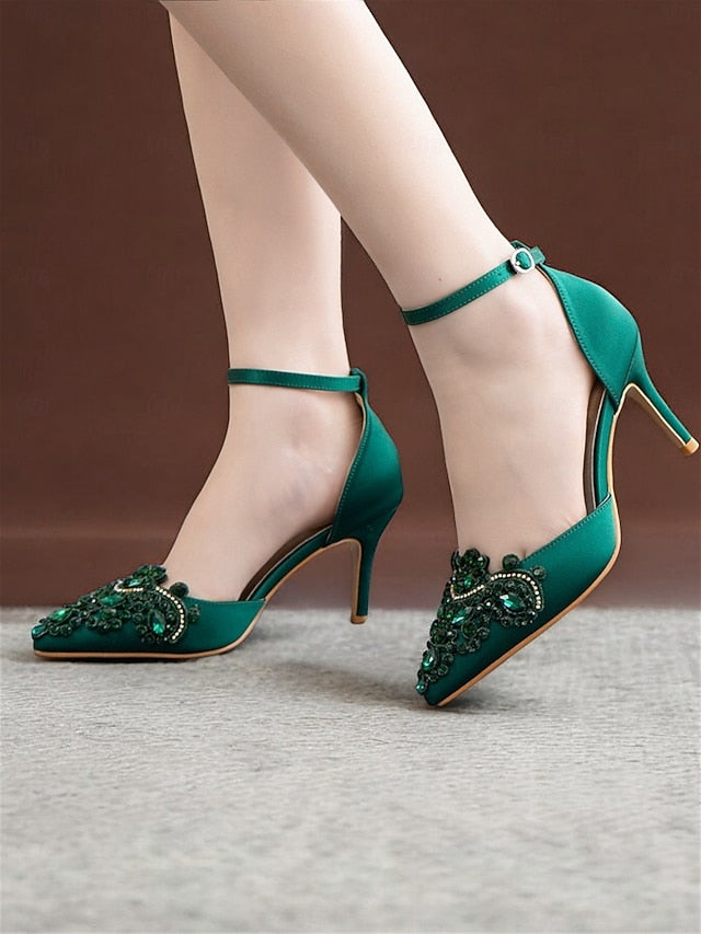 Ankle Satin Pointed – Heels Women's Emerald Green Strap