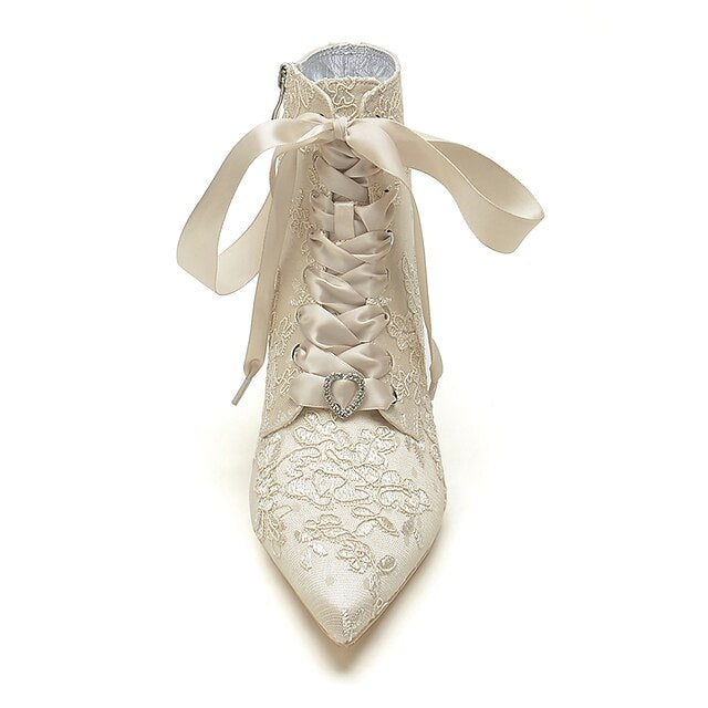 Booties – Embroidered Floral Women's White Lace-Up Bridal