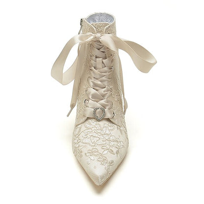 Booties – Embroidered Floral Women's White Lace-Up Bridal