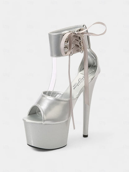 Black with Platform Lace-Up Patent Ankle Straps Sandals Leather