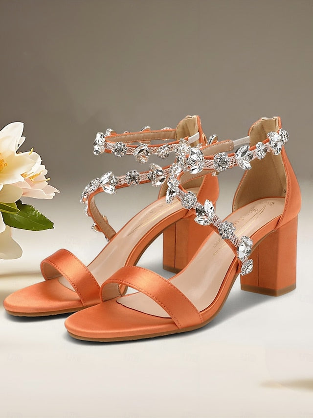 Block Women's with Sandals Crystal Heel Pink Straps Satin