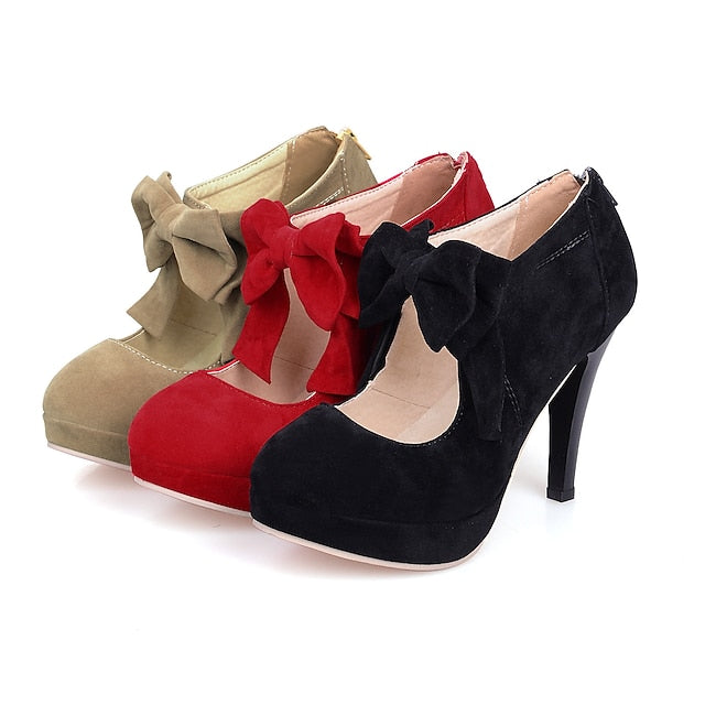 Red Women's Bow Suede – Vintage Platform Heel High Pumps