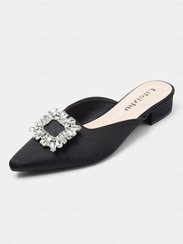 with Satin Black Pointed-Toe Women's Mules Rhinestone