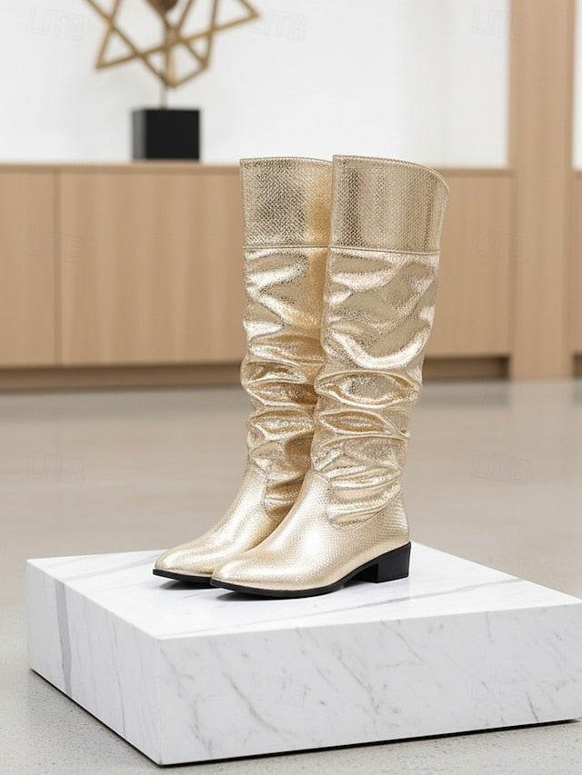Women's Party High - Gold Boots Shiny Knee Metallic Slouch