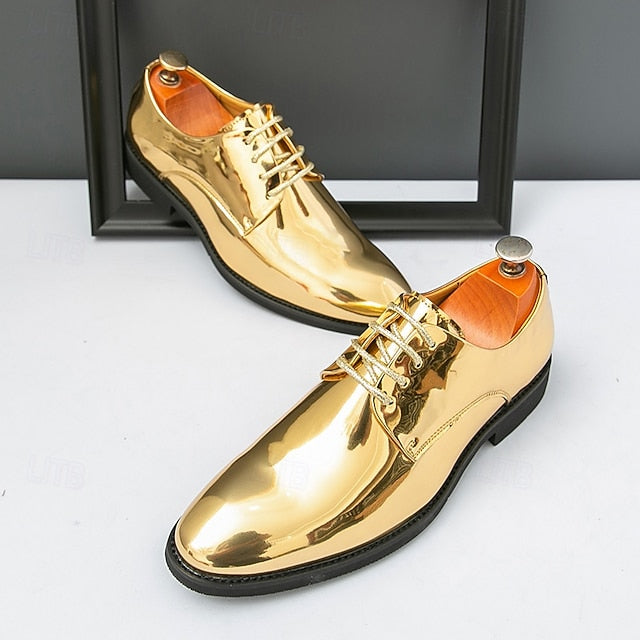 for – Patent Gold Shiny Shoes Leather Men Sleek Lace-Up