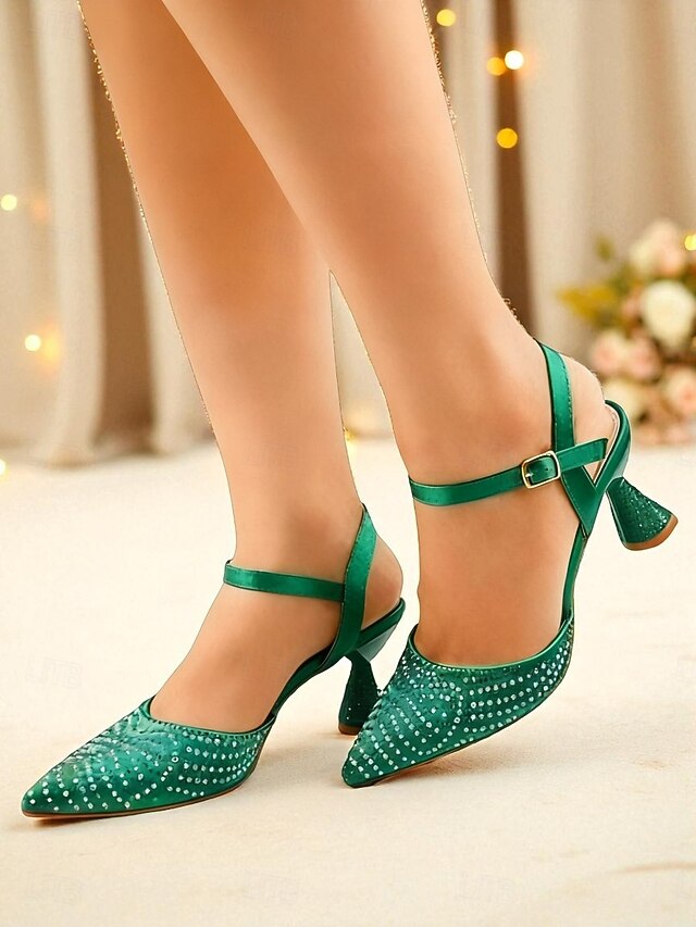 Women's Pointed Rhinestone Toe Heels Red Slingback