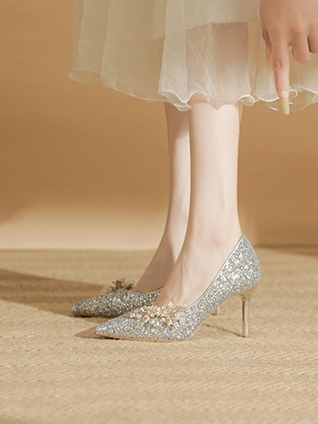 Glitter with Stiletto Silver Floral Heels Women's