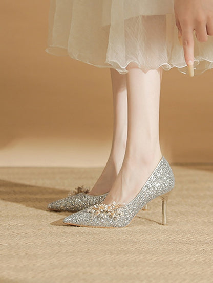 Glitter with Stiletto Silver Floral Heels Women's