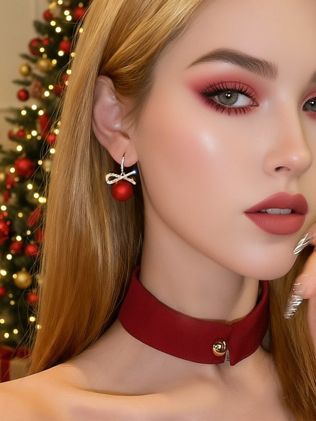 Bow Rhinestone Women's Pearl with and Earrings Christmas