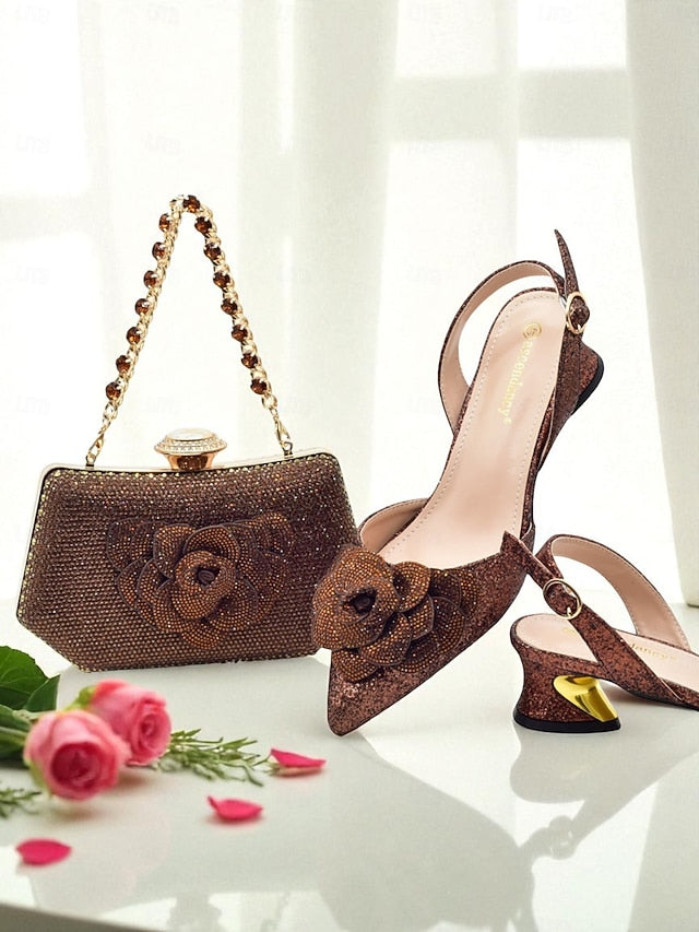 Heels Slingback and Women's Glitter Clutch Evening Matching