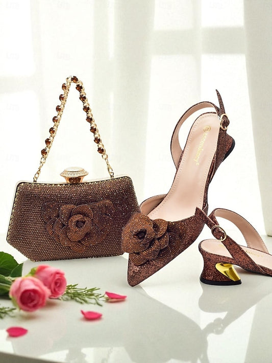 Heels Slingback and Women's Glitter Clutch Evening Matching