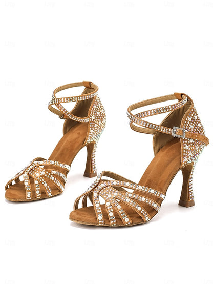 Rhinestone-Embellished Latin Tan High Sandals Dance with Heel