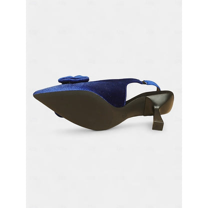 with Toe Blue Women's Velvet Heels Pointed Slingback Bow