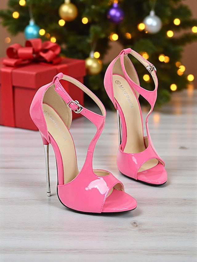 Open - Patent Red Strappy Leather Heels Women's Stiletto