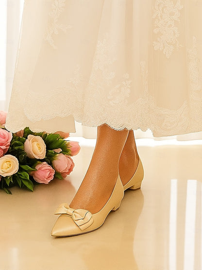 Pointed - Bow Flats Women's Elegant Satin Green Toe