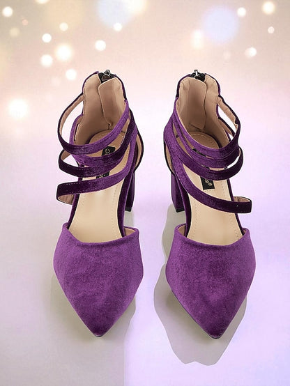 with Toe Pointed Pumps Women's Block Blue Heel Velvet