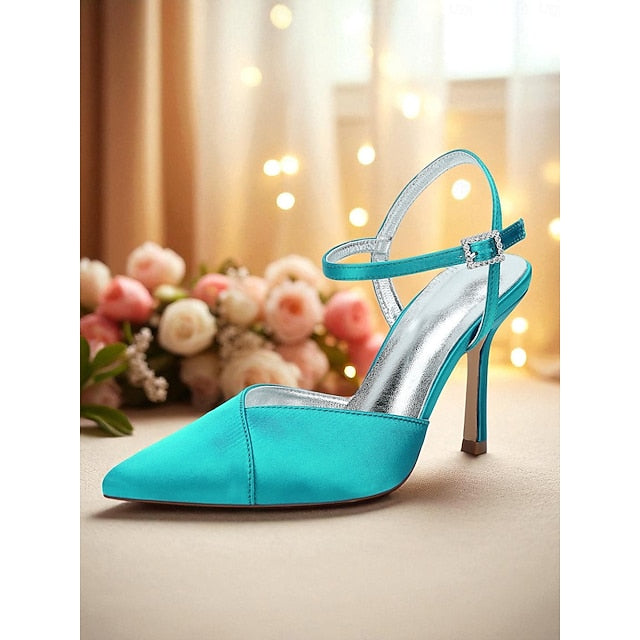 - Heels Green Satin Strap Women's Stiletto with Ankle