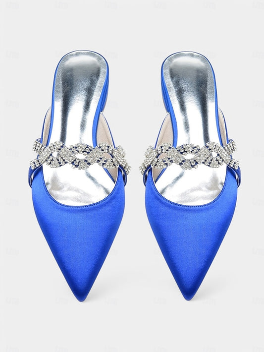 - Satin Blue Heels Mule Detailing with Rhinestone Pointed-Toe