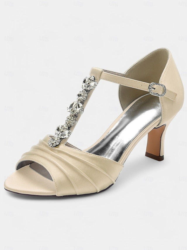 Crystal Detail Heels – Open-Toe Satin White with Bridal