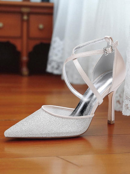 Silver Glitter - Ankle Strap Women's Heels Stiletto Elegant