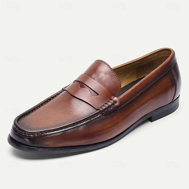 Men's Shoes Loafers Leather with Slip-On Penny Brown