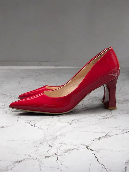 Leather Block Heel Glossy Pointed-Toe Pumps Green Patent Faux