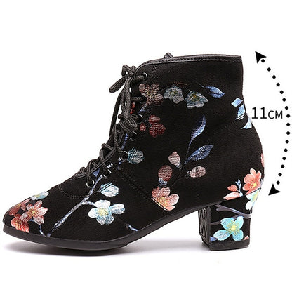Comfortable Shoes Black – Lace-up Women Low Floral Dance for