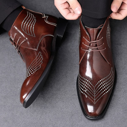 Ankle Leather Men's Brogue Glossy Wingtip Burgundy Faux