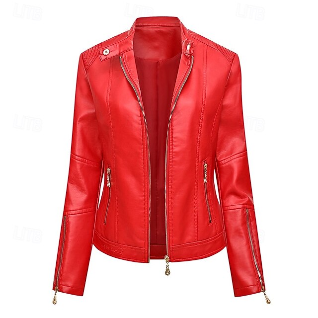 Comfortable Women's Zipper Leather Pocket Jacket Faux