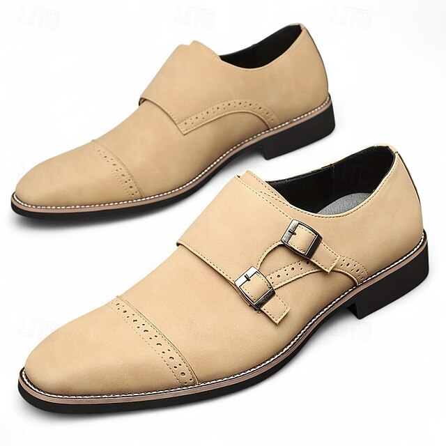 Double Beige Men's Leather Faux Monk with Strap Shoes