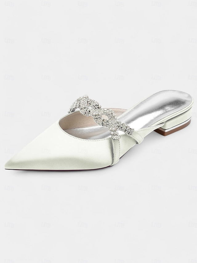 - Satin Blue Heels Mule Detailing with Rhinestone Pointed-Toe