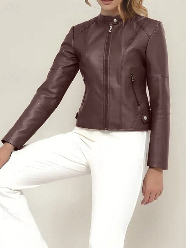 Comfortable Leather Pocket Faux Zipper Women's Jacket