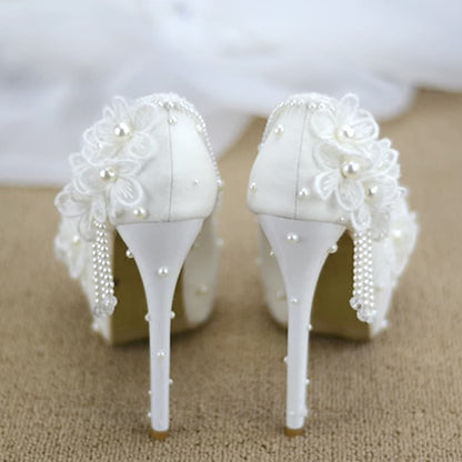 Heels Lace Wedding Platform with Floral Women's White