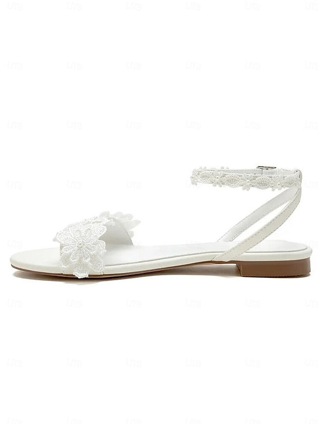 White Sandals Open-Toe Block Lace Straps Floral with Ankle Flats