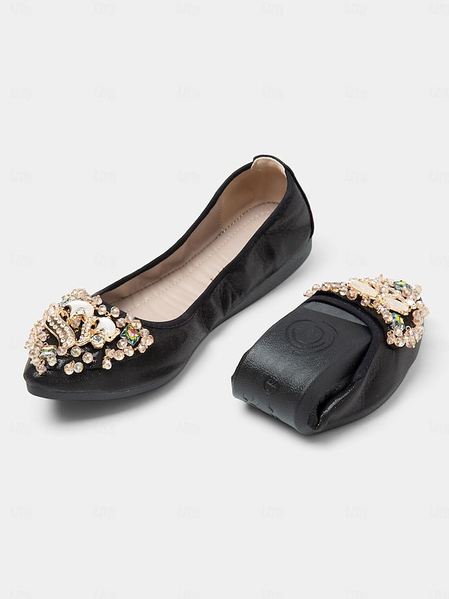 Rhinestone Women's Foldable Flats Ballet Black with