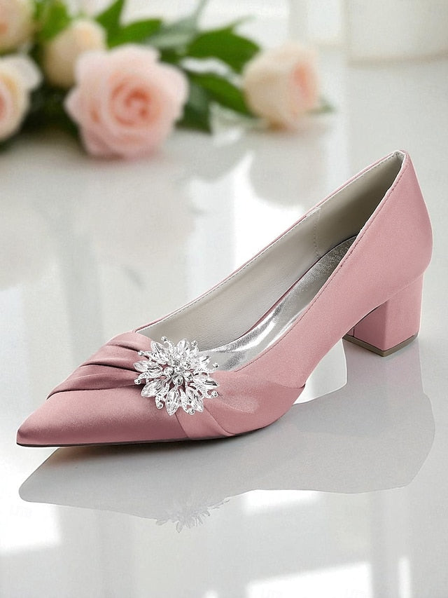Women's Crystal Heel Pumps Block Low with White