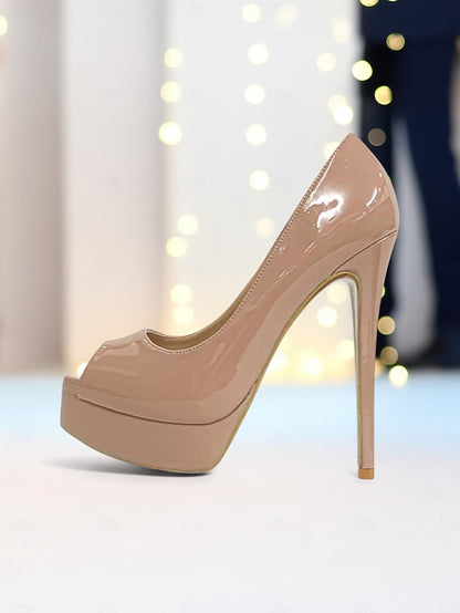 Black Toe Patent Peep Platform High Leather Heels Women's