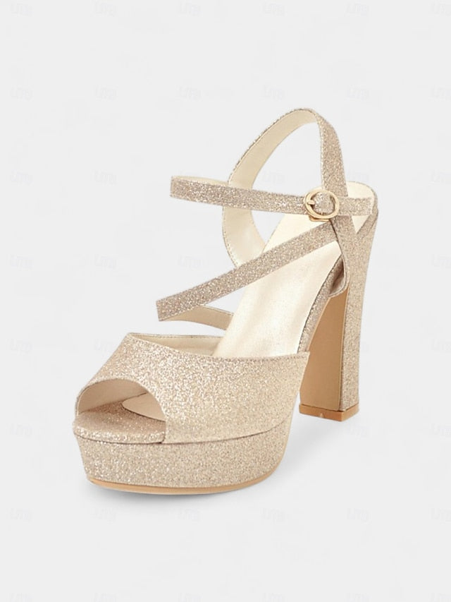 Heel Sandals Ankle Strap with Women's Glitter High Platform