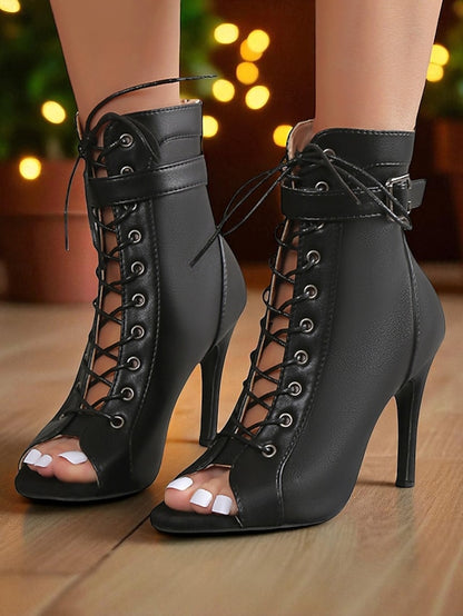 High Black Heel Stiletto Booties Toe Lace-Up Women's Peep -