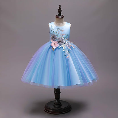 Purple Floral Blue Party Lace Girls' Dress Blushing Kids