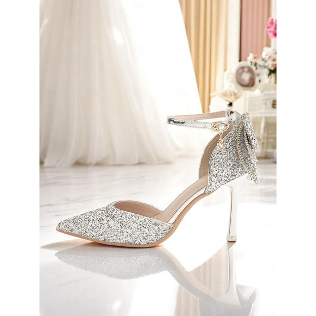 Sparkly Women's Pointed Heels Glitter - Toe Silver Bow